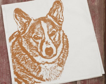 Corgi Tea Towel, Screenprinted Flour Sack, Rust Ink
