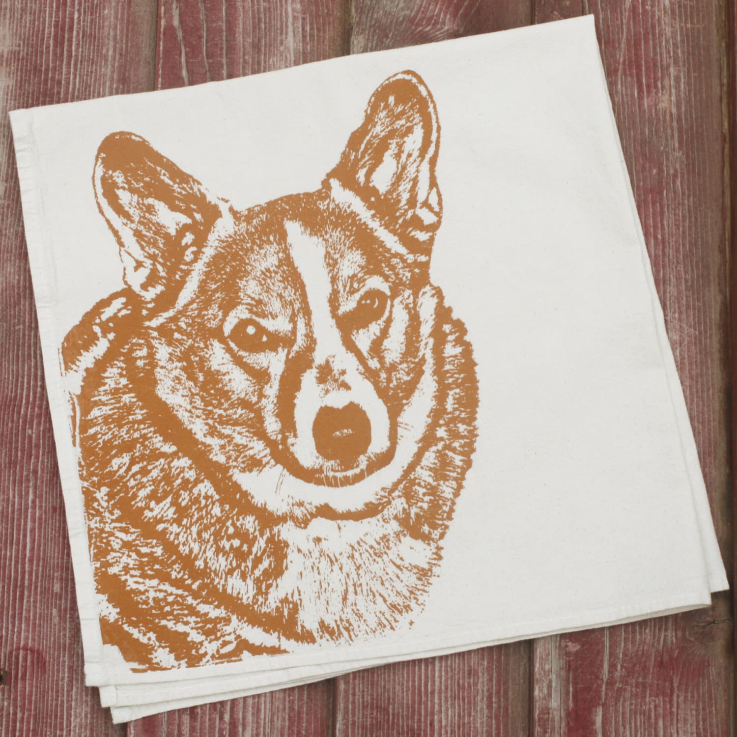 Corgi Tea Towel in Rust - Hand Printed Flour Sack Tea Towel