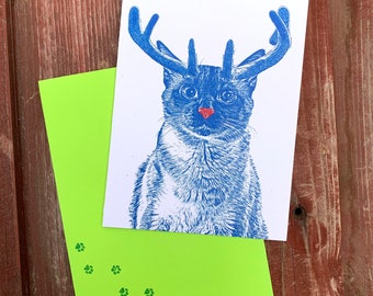 Rudolph Cat, Merry and Bright Holiday Card, Cat Christmas Card, Cat Card