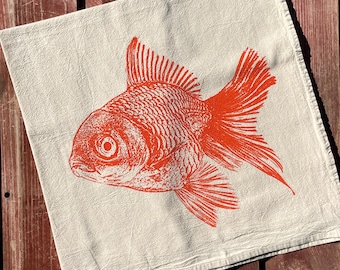Goldfish Tea Towel, Screen Printed Cotton Flour Sack, Orange Ink