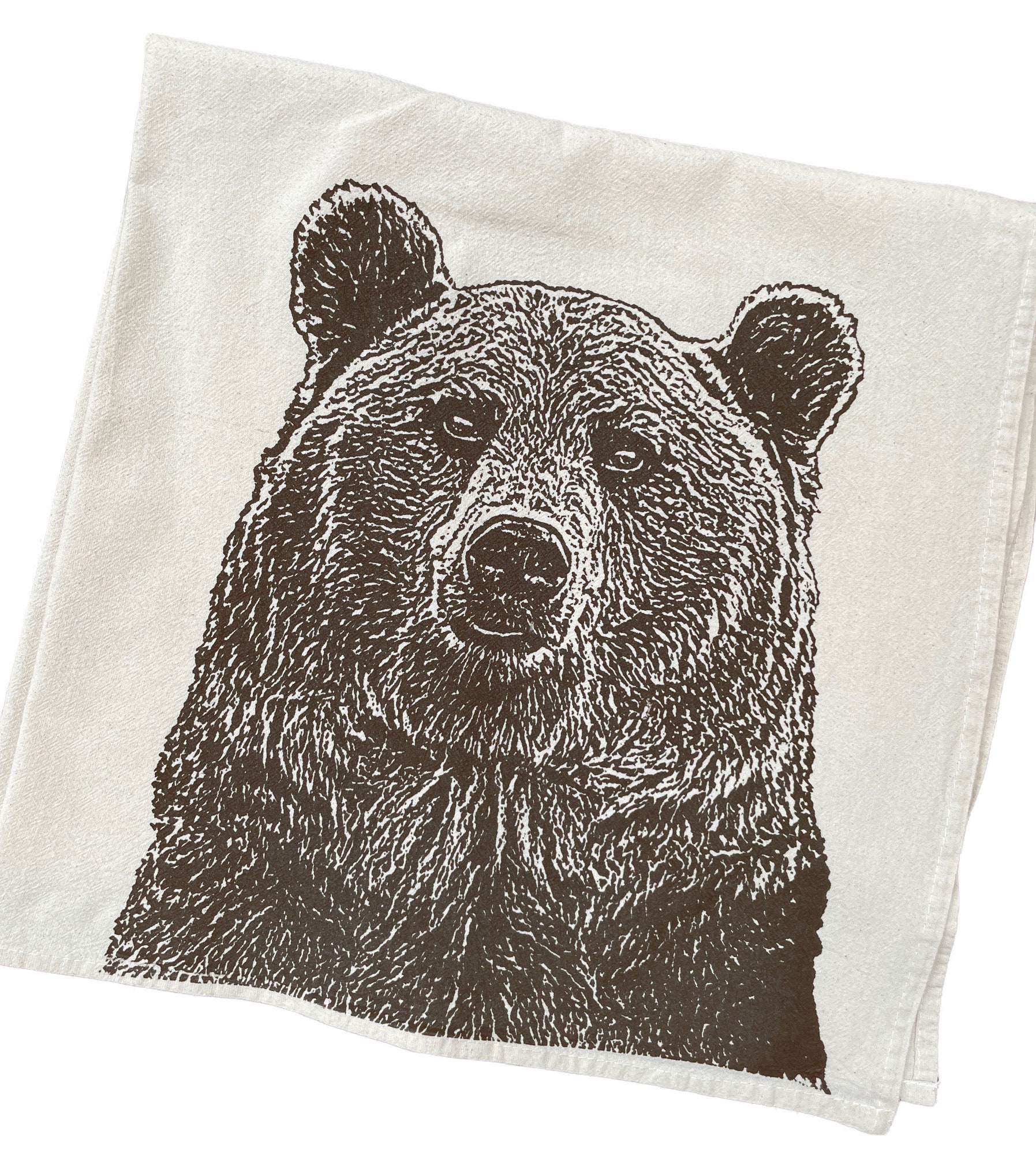 Brown Bear Tea Towel, Grizzly Tea Towel, Bear Kitchen Towel - Hand Printed  Flour Sack Tea Towel