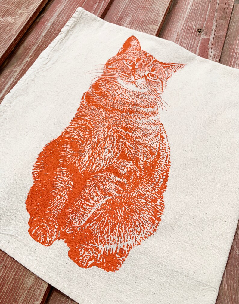 Tabby Cat Tea Towel in Orange, Cat Tea Towel, Cat Towel, Orange Cat Towel Hand Printed Flour Sack Tea Towel image 5