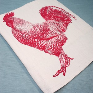 Rooster Tea Towel in Red Hand Printed Flour Sack Tea Towel Unbleached Cotton image 3