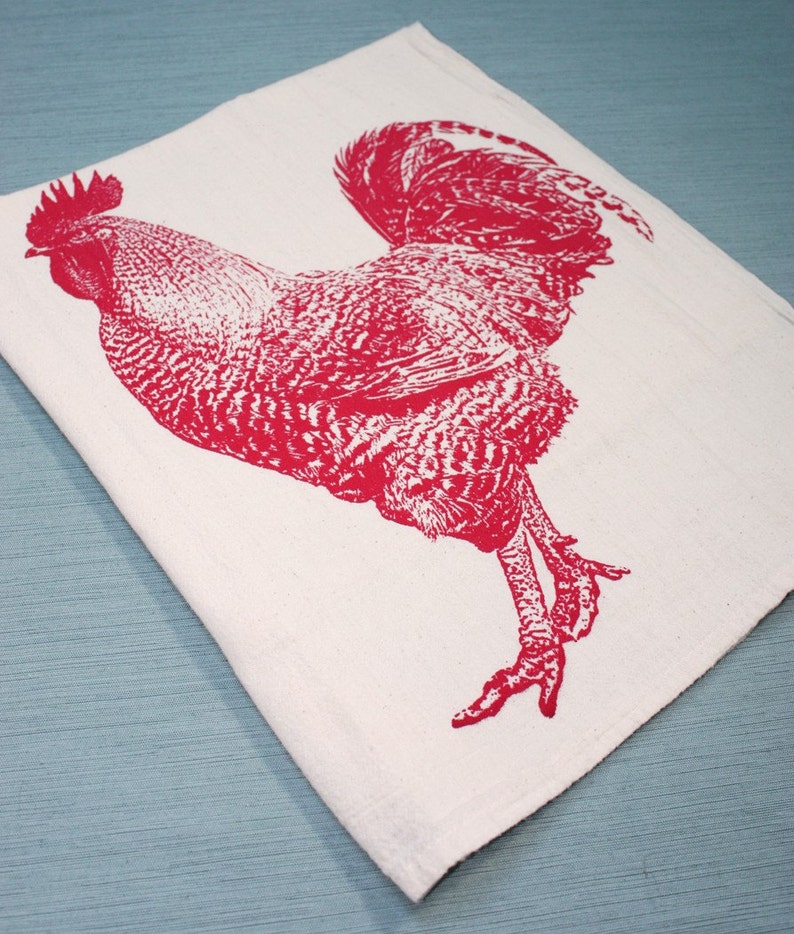 Rooster Tea Towel in Red Hand Printed Flour Sack Tea Towel Unbleached Cotton image 3