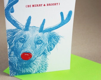 Shaggy Puppy Rudolph Merry and Bright Holiday Cards - 4 Pack