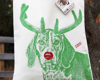 Christmas Beagle Tea Towel, Holiday Tote Bag, Knitting Bag, Ugly Christmas Sweater