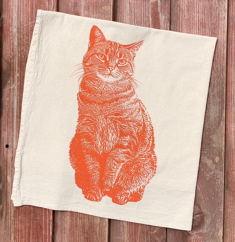 Tabby Cat Tea Towel in Orange, Cat Tea Towel, Cat Towel, Orange Cat Towel Hand Printed Flour Sack Tea Towel image 2