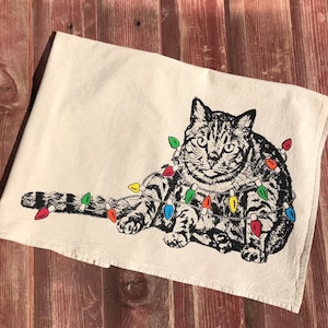 Cat Christmas Towel, Cat Holiday Decoration, Cat Christmas Hand Printed Flour Sack Tea Towel, Dish Towel image 2