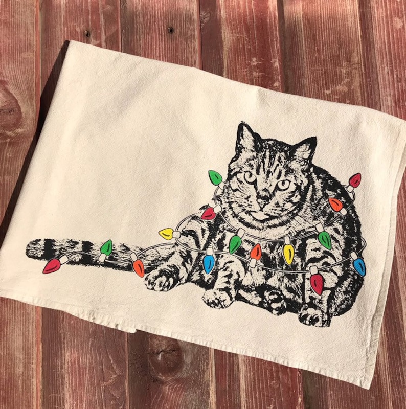 Cat Christmas Towel, Cat Holiday Decoration, Cat Christmas Hand Printed Flour Sack Tea Towel, Dish Towel image 2