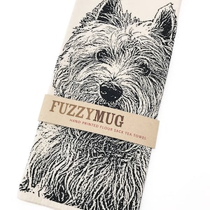 Westie Tea Towel, dish towel in BLACK, West Highland Terrier - Hand Printed Flour Sack Tea Towel