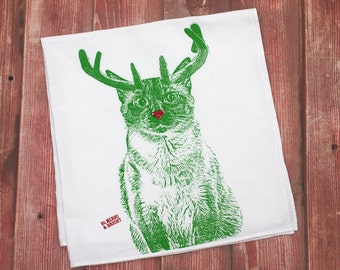 Christmas Cat Tea Towel, Holiday Tea Towel - Hand Printed Flour Sack Tea Towel, Cat Towel, Christmas Cat Towel