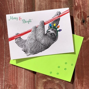 SET OF 4 Christmas SLOTH Cards - Christmas Lights, Holiday Card, Merry and Bright