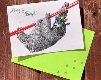 Sloth Holiday Cards, Set of 12, Christmas