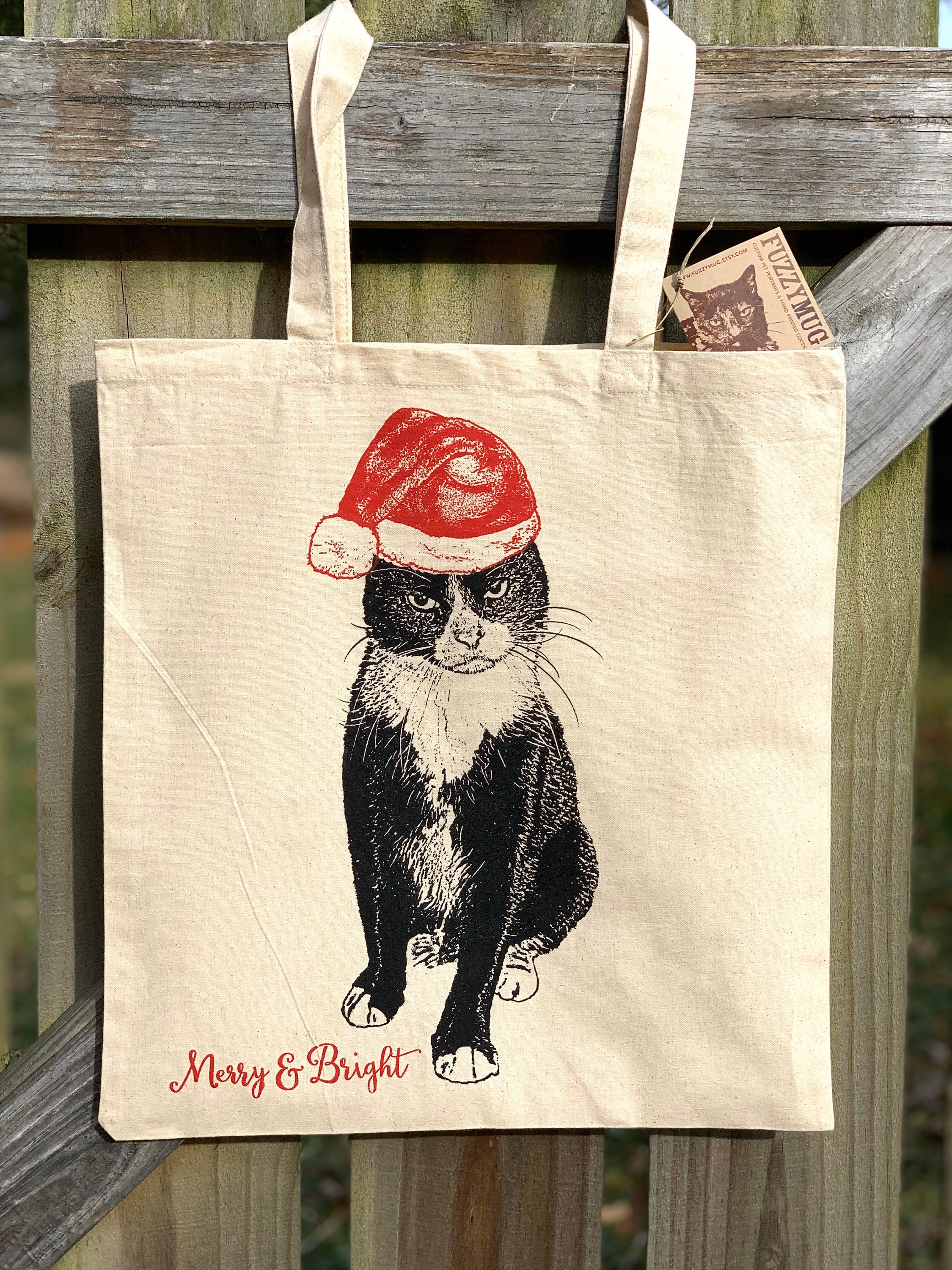 Fussy Figaro Cat Christmas Towel, Santa Cat, Tuxedo Cat Holiday Decoration,  Cat Christmas - Hand Printed Flour Sack Tea Towel, Dish Towel