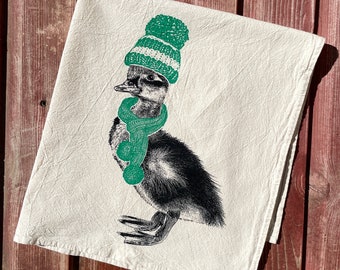 Holiday Duck Tea Towel, Screen Printed Cotton Flour Sack