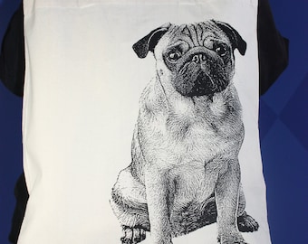Pug Tote Bag, Screen Printed Cotton, Black Ink, Knitting Bag