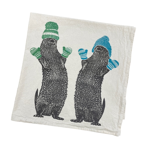 Holiday Otter Tea Towel, Holiday Tea Towel, Dancing Otters, Happy Dance, Otter with Hat and Mittens