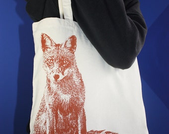 Fox Tote Bag, Cotton, Screenprinted Knitting Bag