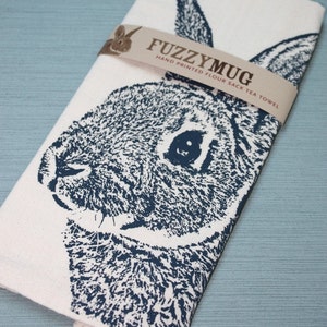 Fuzzy Bunny Tea Towel in NAVY BLUE, Rabbit Tea Towel - Hand Printed Flour Sack Tea Towel (Unbleached Cotton)