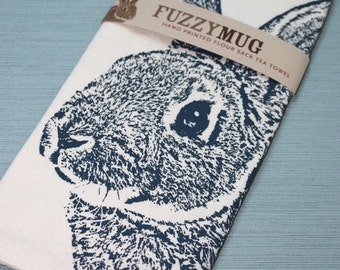 Fuzzy Bunny Tea Towel in NAVY BLUE, Rabbit Tea Towel - Hand Printed Flour Sack Tea Towel (Unbleached Cotton)