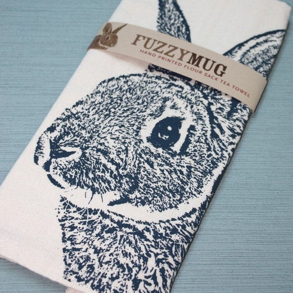 Fuzzy Bunny Tea Towel in NAVY BLUE, Rabbit Tea Towel - Hand Printed Flour Sack Tea Towel (Unbleached Cotton)