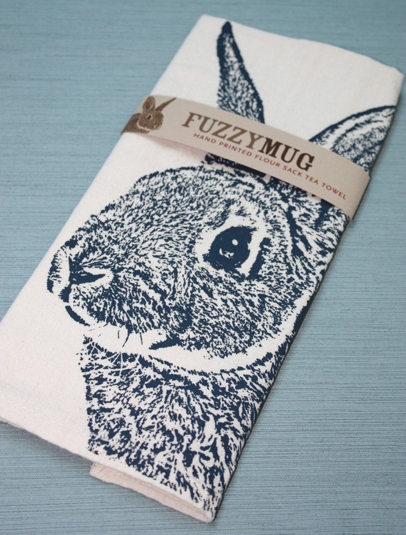 Fuzzy Bunny Tea Towel in NAVY BLUE, Rabbit Tea Towel Hand Printed Flour Sack Tea Towel Unbleached Cotton image 1