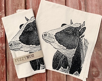 Cow Tea Towel, Screenprinted Cotton Flour Sack, Black Ink