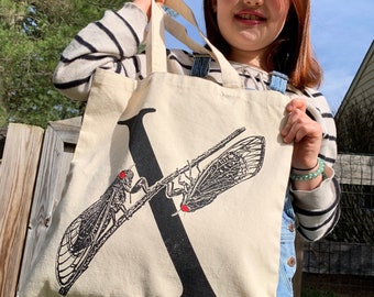 Cicada Tote Bag,Cotton Canvas, Screenprinted, Brood X