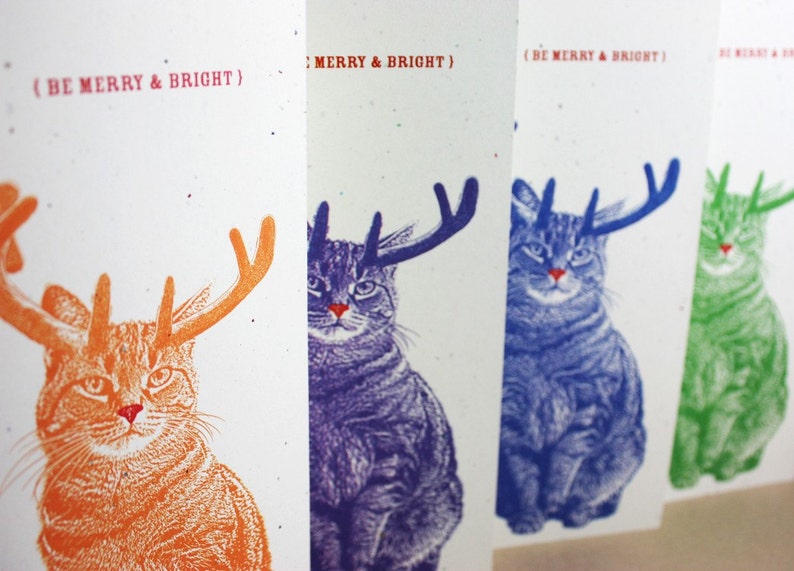 Rudolph Cat Merry and Bright Holiday Cards 4 Pack, Christmas Card Set, Handmade Christmas Cards image 2