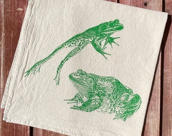 Frog Toad tea towel, frog towel, toad towel - Hand Printed Flour Sack Tea Towel