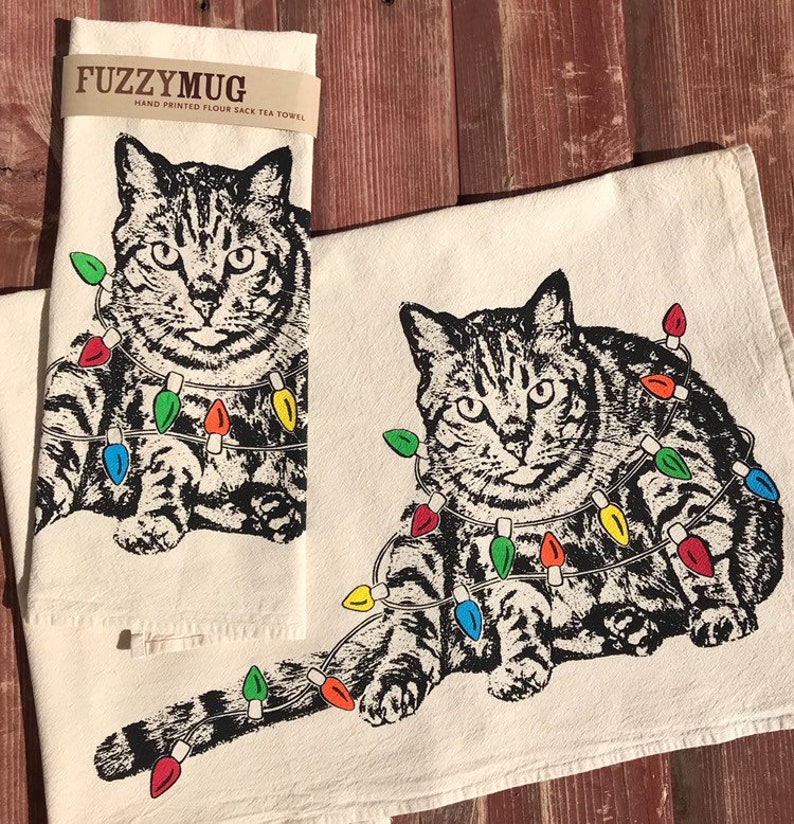 Cat Christmas Towel, Cat Holiday Decoration, Cat Christmas Hand Printed Flour Sack Tea Towel, Dish Towel image 5