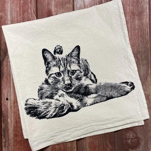 Yoga Cat Tea Towel, Funny Cat tea towel, Tabby Cat tea towel, Screenprinted Flour Sack