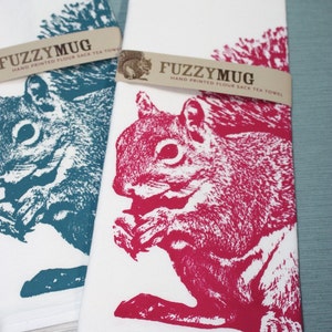 Squirrel Tea Towel in Rubine Red Hand Printed Flour Sack Tea Towel image 3