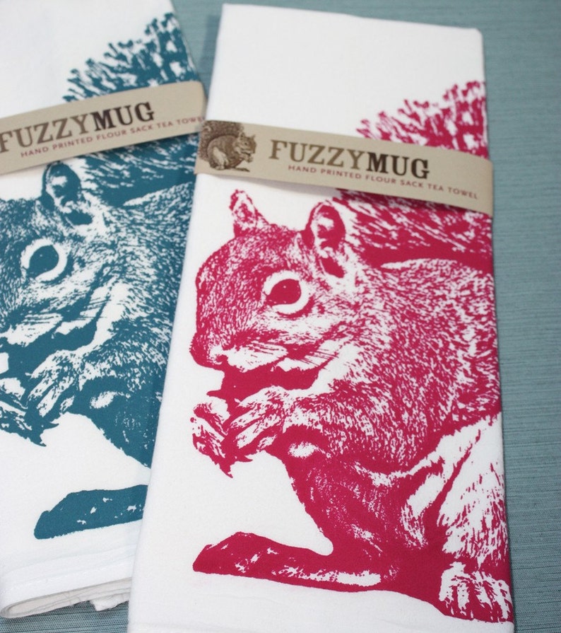 Squirrel Tea Towel in Rubine Red Hand Printed Flour Sack Tea Towel image 3