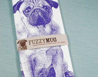 Pug Tea Towel in Purple - Hand Printed Flour Sack Tea Towel, Pug Gifts