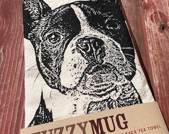 Boston Terrier Tea Towel in Black - Hand Printed Flour Sack Tea Towel (Unbleached Cotton)