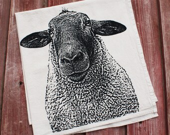 Sheep Tea Towel - Hand Printed Flour Sack Tea Towel, Dish Towel, Sheep Towel