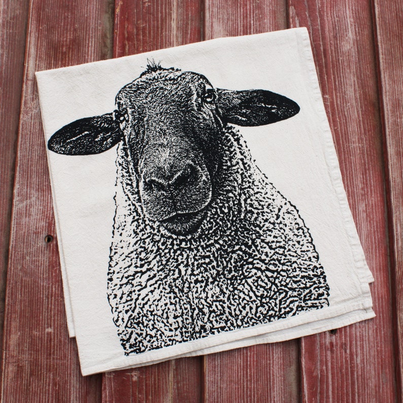 Sheep Tea Towel Hand Printed Flour Sack Tea Towel, Dish Towel, Sheep Towel image 1