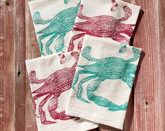 Crab Napkins, Cloth Napkins, Maryland Blue Crab, Set of 4 - Hand Printed Flour Sack (unbleached cotton)