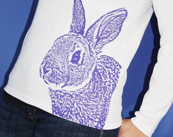 Bunny Long Sleeve TShirt, Rabbit, Women's Shirt, Cotton, Screenprinted, Purple Ink