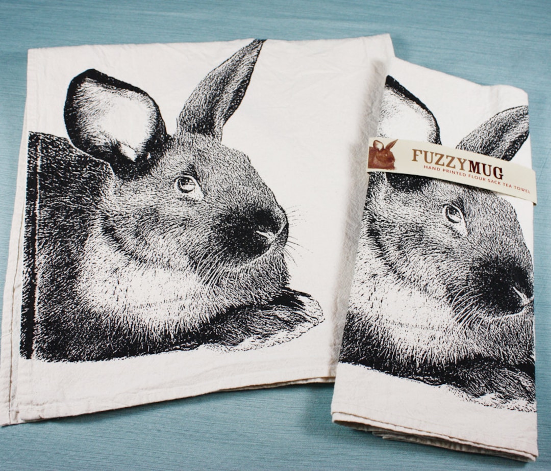 Rabbit Tea Towel in Black, Bunny Tea Towel Hand Printed Flour Sack Tea ...