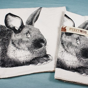 Rabbit Tea Towel in Black, Bunny Tea Towel - Hand Printed Flour Sack Tea Towel (Unbleached Cotton)