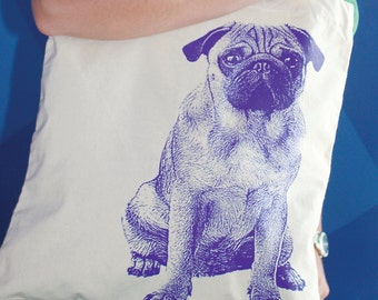 Pug Tote Bag, Screenprinted Cotton, Purple Ink, Knitting Bag