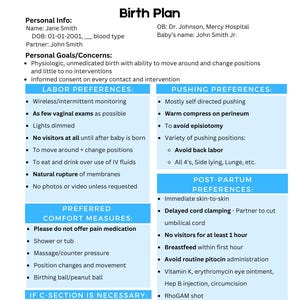 Puede incluir: Un documento de plan de parto con secciones para información personal, preferencias de trabajo de parto, preferencias de pujo, preferencias posparto, medidas de confort, si es necesaria una cesárea y otras preferencias. El documento incluye detalles como la monitorización inalámbrica, el pinzamiento tardío del cordón y el contacto piel con piel.