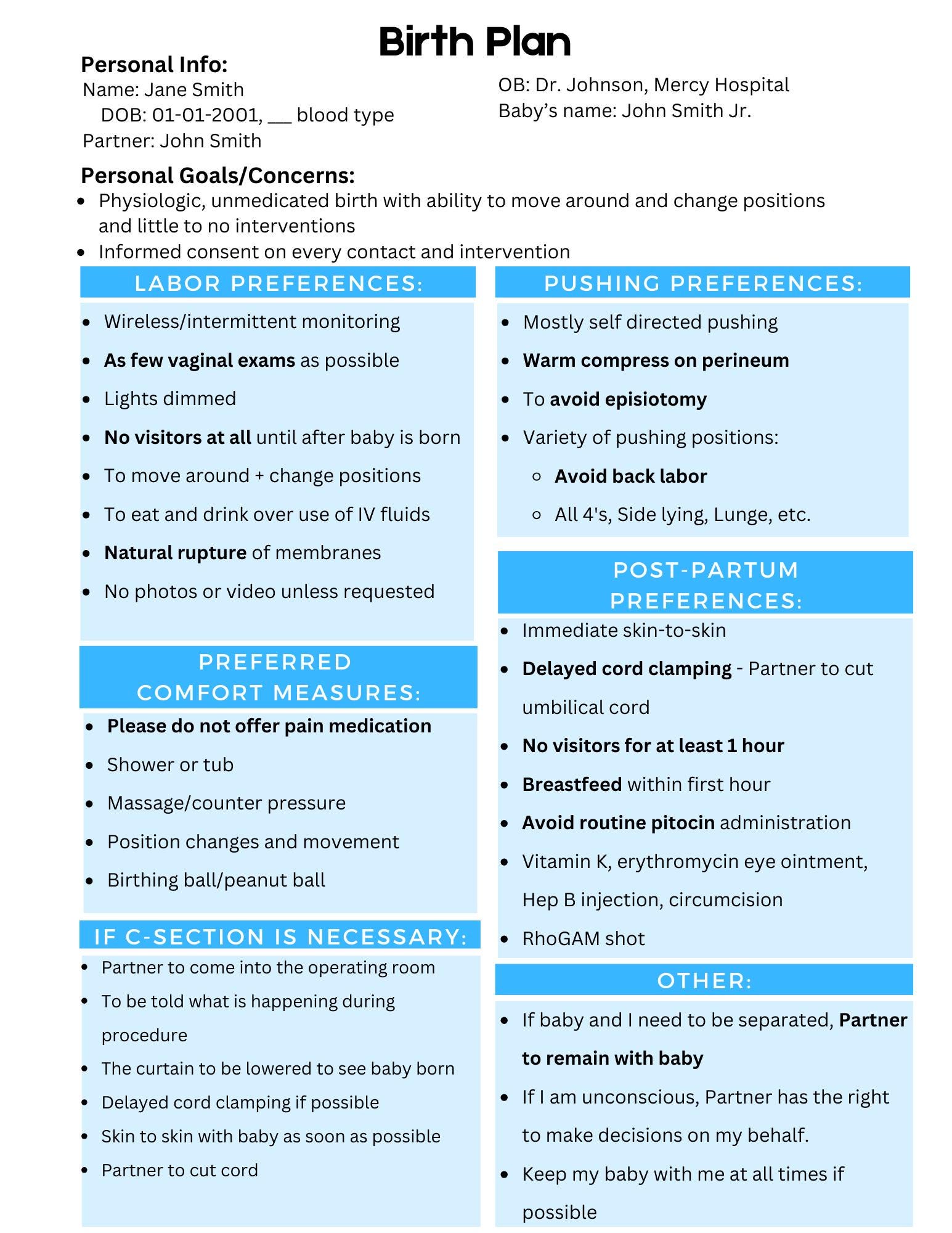 Fully Customizable Birth Plan Template | Labor, Delivery, C-section ...