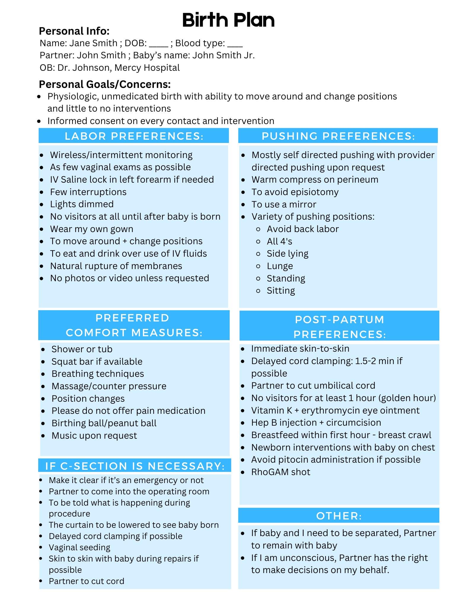 Fully Customizable Birth Plan Template | Labor, Delivery, C-section ...