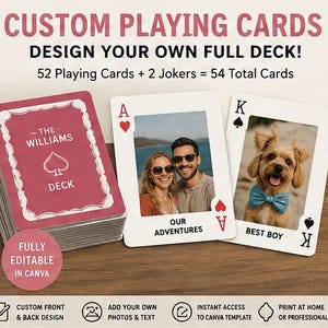 May include: A deck of custom playing cards with a maroon back design featuring the text THE WILLIAMS DECK. Two face-up cards show an ace of hearts with a photo of a couple labeled OUR ADVENTURES and a king of spades with a dog labeled BEST BOY.