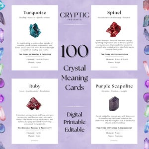 100 Printable Crystal Meaning Cards | Healing & Wellness Guide Set w/ High-Res Images | Spiritual Gift for Personal and Commercial Use