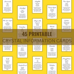 45 tarjetas de información sobre cristales para imprimir / Tarjetas editables con el significado de los cristales y las piedras preciosas / Plantilla Canva para guía de cristales / Descarga instantánea