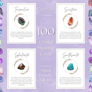 Może przedstawiać: Zestaw 100 kart znaczenia kryształów z nazwami "Turmalin", "Kamień słoneczny", "Sfalerit" i "Smithsonit". Każda karta zawiera akwarelową ilustrację kryształu i jego opis. Karty są cyfrowe, do druku i edycji.